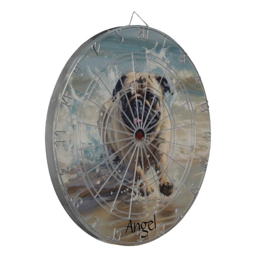 Happy Pug op het strand aanpasbaar Dartbord (Voorkant Links)