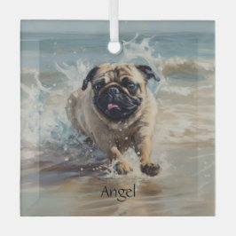 Happy Pug op het strand aanpasbaar Glas Ornament
