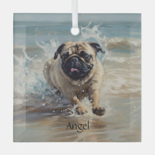 Happy Pug op het strand aanpasbaar Glas Ornament