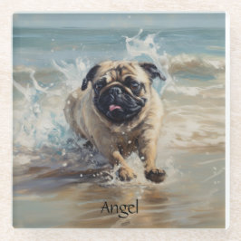 Happy Pug op het strand aanpasbaar Glazen Onderzetter