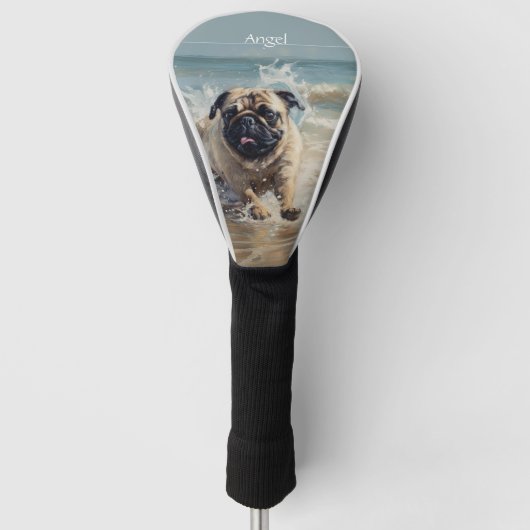 Happy Pug op het strand aanpasbaar Golfheadcover (Voorkant)