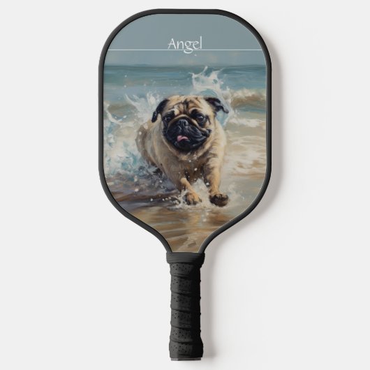 Happy Pug op het strand aanpasbaar Pickleball Paddle (Voorkant)
