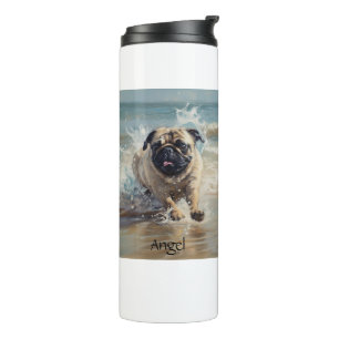 Happy Pug op het strand aanpasbaar Thermosbeker