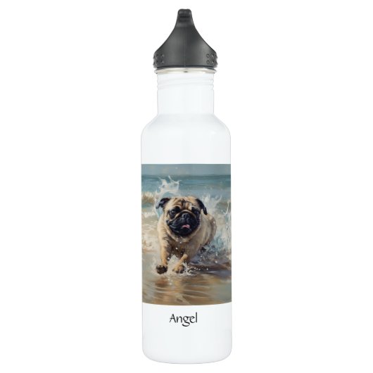 Happy Pug op het strand aanpasbaar Waterfles (Rechts)