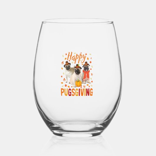Happy Pugsgiving Cute Thanksgiving Pug Dog Week P Wijnglas Zonder Voet (Voorkant)