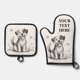 Happy Puppy Dog Personaliseer Naam Tekst Blauw Ovenwant & Pannenlap Set