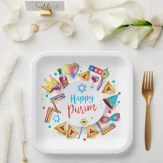 Happy Purim Basket Gifts, Decoration, Ornaments Papieren Bordje