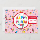 Happy Purim Festival Funny Toys Pattern Kinder Par Save The Date (Achterkant)