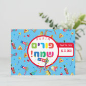 Happy Purim Festival Funny Toys Pattern Kinder Par Save The Date (Staand voorkant)