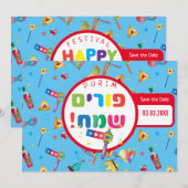 Happy Purim Festival Funny Toys Pattern Kinder Par Save The Date (Voorkant / Achterkant)