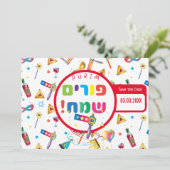 Happy Purim Festival Funny Toys Pattern Kinder Par Save The Date (Staand voorkant)
