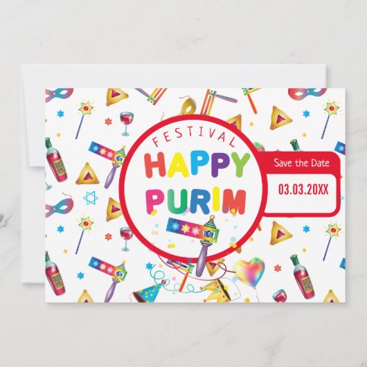 Happy Purim Festival Funny Toys Pattern Kinder Par Save The Date (Achterkant)