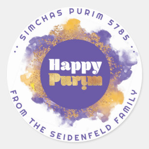 Happy Purim Paars gepersonaliseerd monogram Klassi Ronde Sticker
