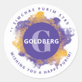 Happy Purim Paars Persoonlijk Monogram GROOT Ronde Sticker (Voorkant)