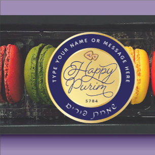 Happy Purim Paarse & Gold Script Classic GROOT Ronde Sticker