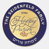 Happy Purim Paarse & Gold Script Classic Ronde Sticker (Voorkant)