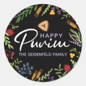 Happy Purim Specialized Floral Label op zwart (Voorkant)