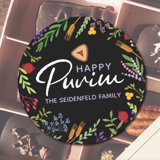 Happy Purim Specialized Floral Label op zwart