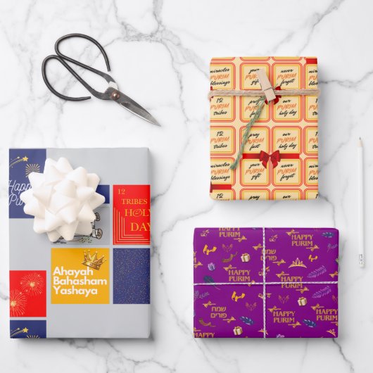 Happy Purim Wrapping Paper Flat Sheet Set van 3 (Voorkant)
