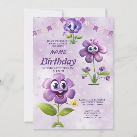 Happy Purple Flowers Verjaardagsfeestuitnodiging Kaart (Voorkant)