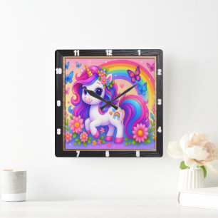 Happy Rainbow Unicorn Bloemen Vierkante Klok