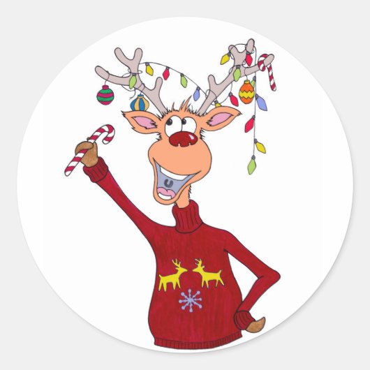 Happy Reindeer Ronde Sticker (Voorkant)