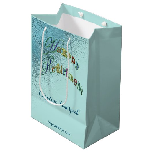 Happy Retirement Gold Blue Glitter Medium Cadeauzakje (Voorkant Gekanteld)