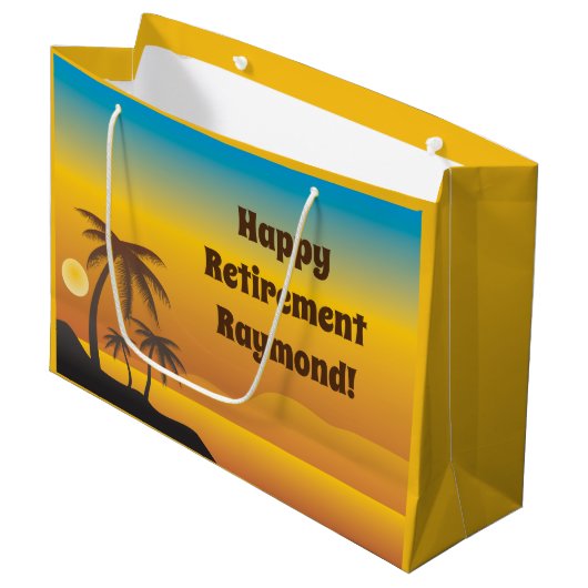 Happy Retirement met palmbomen strandscène Groot Cadeauzakje (Voorkant Gekanteld)