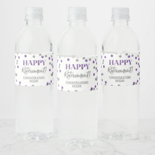 Happy Retirement Paarse zilveren Confetti Waterfles Etiket