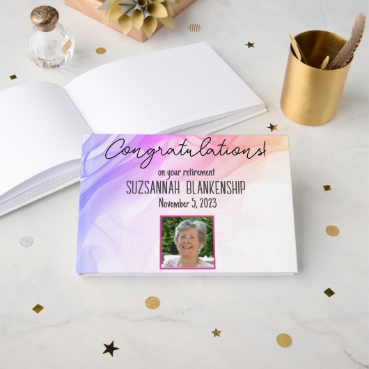 Happy Retirement Rainbow Waterverf Aangepaste foto Gastenboek (Voorkant open)