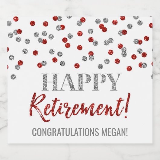 Happy Retirement Red Silver Confetti Sparkling Wijnetiket (Enkel label)