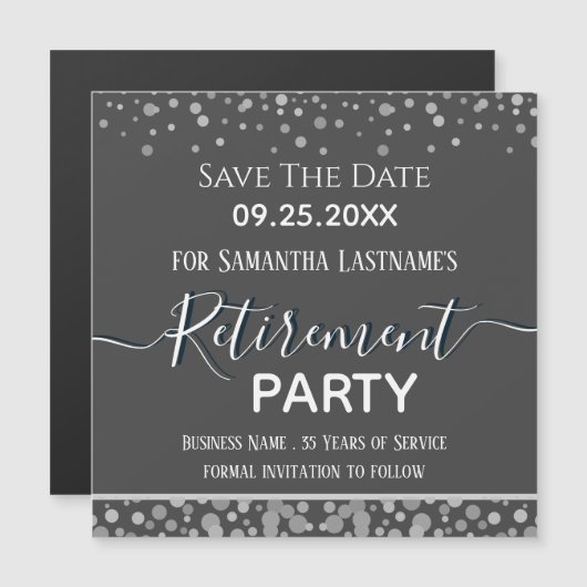 Happy Retirement Silver Confetti Save the Date (Voorkant / Achterkant)