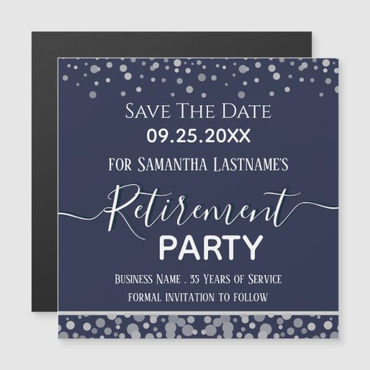 Happy Retirement Silver Confetti Save the Date Mag (Voorkant / Achterkant)