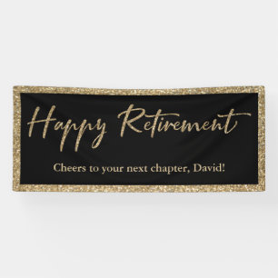 Happy Retirement Typografie Gouden Glitter en Zwar Spandoek