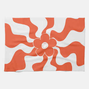 Happy Retro Daisy in Sinaasappel en Wit Theedoek