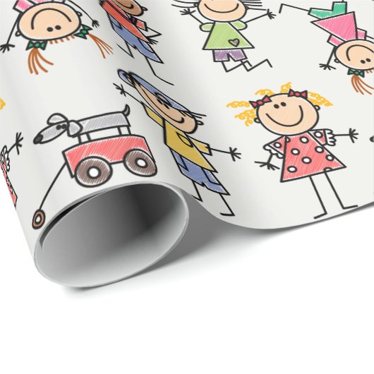 Happy Retro die Stickman Tumbling Kinderen speelt Cadeaupapier (Rol Hoek)