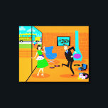 Happy Retro Parents Étiquettes Impression<br><div class="desc">Cette Happy Retro Parents Stretched Canvas Print montre une maman et papa se réjouissant quand leur enfant fait un tiret pour le bus scolaire. Le duo de célébration est dans leur style années 60, moderne du milieu du siècle, salon. La décoration orange est tout sauf sobre. Cheminée à cône turquoise,...</div>