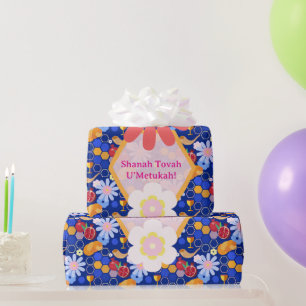 Happy Rosh Hashanah Joods Nieuwjaar Bloemenpatroon Cadeaupapier