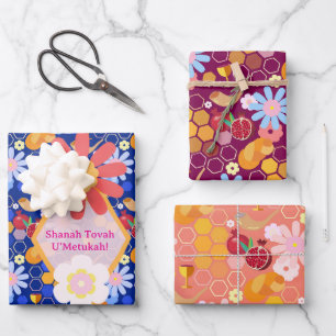 Happy Rosh Hashanah Joods Nieuwjaar Bloemenpatroon Inpakpapier Vel