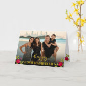 Happy Rosh Hashanah Luxury Gold Script Foto Kaart (Gele Bloem)