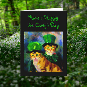 Happy Saint Catty's Day Festive Cats in Green Pett Feestdagen Kaart