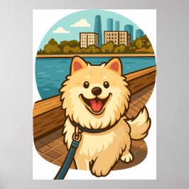 Happy Samoyed Walk by the City Waterfront Poster