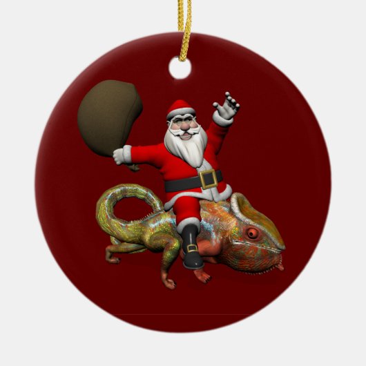Happy Santa Claus die op kleuterige Chameleon rust Keramisch Ornament (Voorkant)