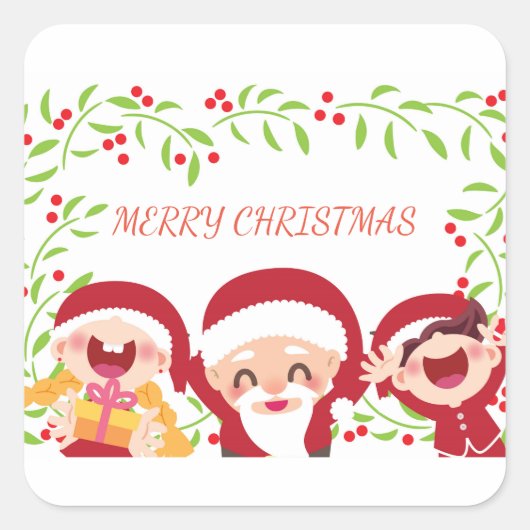 Happy Santa Claus en kinderen Vierkante Sticker (Voorkant)