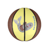 Happy schattige harp seal cartoon illustratie basketbal (Verticaal)