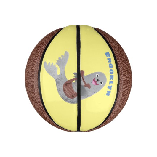 Happy schattige harp seal cartoon illustratie basketbal (Verticaal)