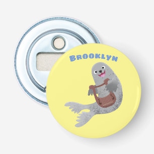 Happy schattige harp seal cartoon illustratie button flesopener