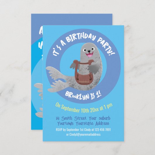 Happy schattige harp seal cartoon illustratie kaart (Voorkant / Achterkant)