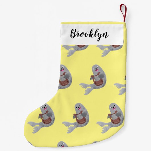 Happy schattige harp seal cartoon illustratie kleine kerstsok (Achterkant)