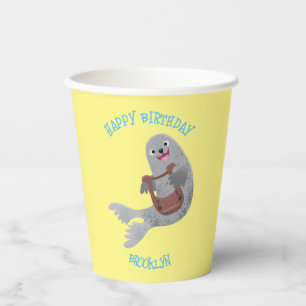 Happy schattige harp seal cartoon illustratie papieren bekers